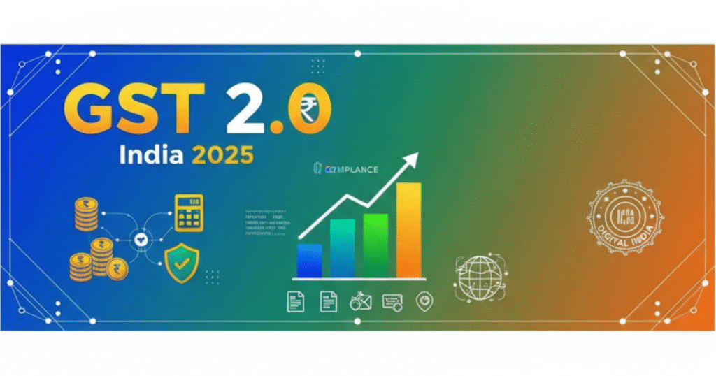 जीएसटी 2.0 इंडिया 2025 का एक इन्फोग्राफिक बैनर जिसमें भारतीय रुपये का प्रतीक, टैक्स आइकन और बार चार्ट हैं।