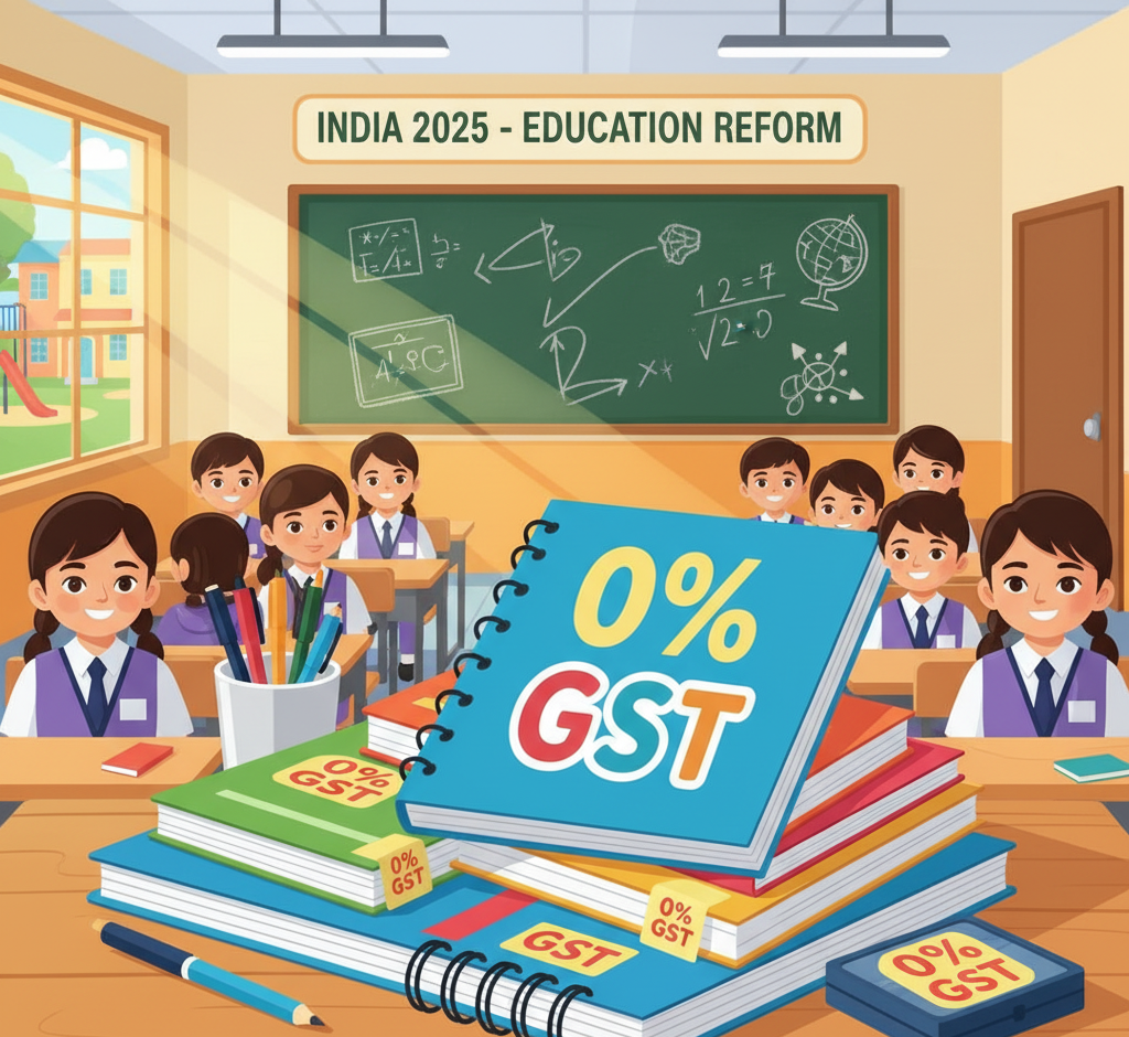 नोटबुक, पेन और स्कूल की अन्य वस्तुओं पर "0% GST" लिखा है, जो शिक्षा से संबंधित टैक्स छूट का प्रतीक है।